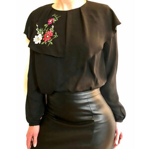 Zara Black Peasant Boho Embroidered Blouse Size S (oversized)